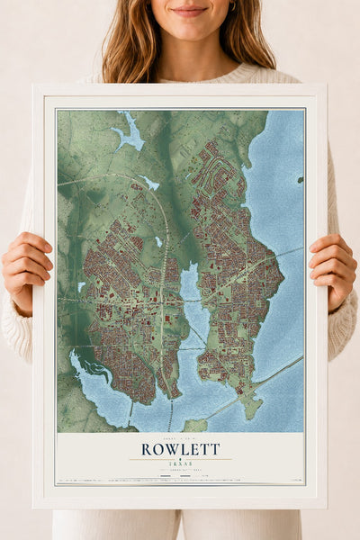 Map of Rowlett, Texas, 18 x 24 inch print in a white wood frame
