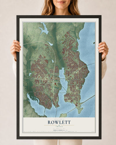 Map of Rowlett, Texas, 24 x 36 inch print in a black wood frame
