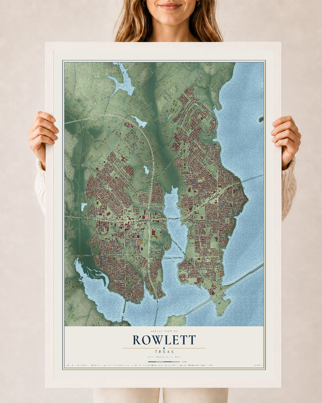 Map of Rowlett, Texas, 24 x 36 inch print in a white wood frame