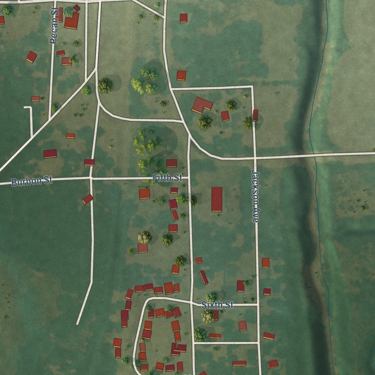 Second close-up of the map of Roxton, Texas print showing more streets and buildings