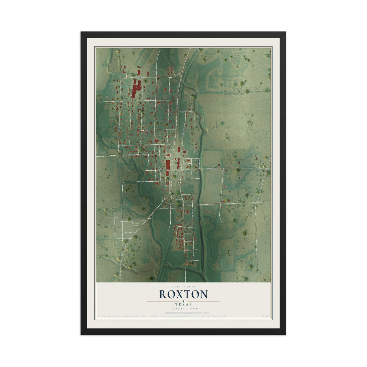 Map of Roxton, Texas, 12 x 18 inch print in a black wood frame