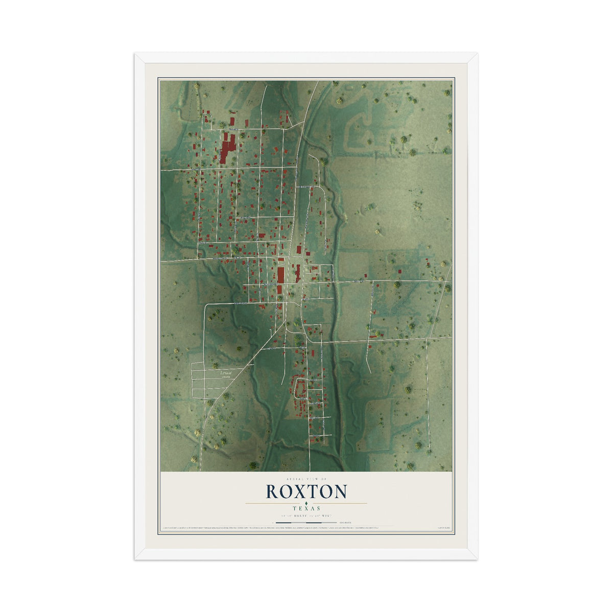 Map of Roxton, Texas, 12 x 18 inch print in a white wood frame