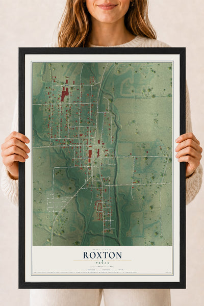 Map of Roxton, Texas, 18 x 24 inch print in a black wood frame