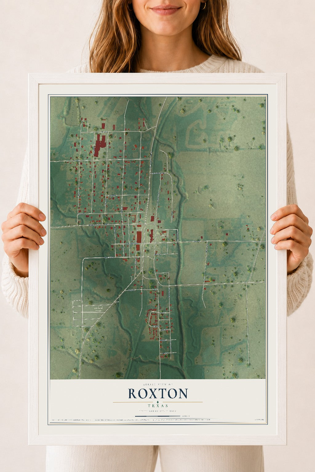Map of Roxton, Texas, 18 x 24 inch print in a white wood frame
