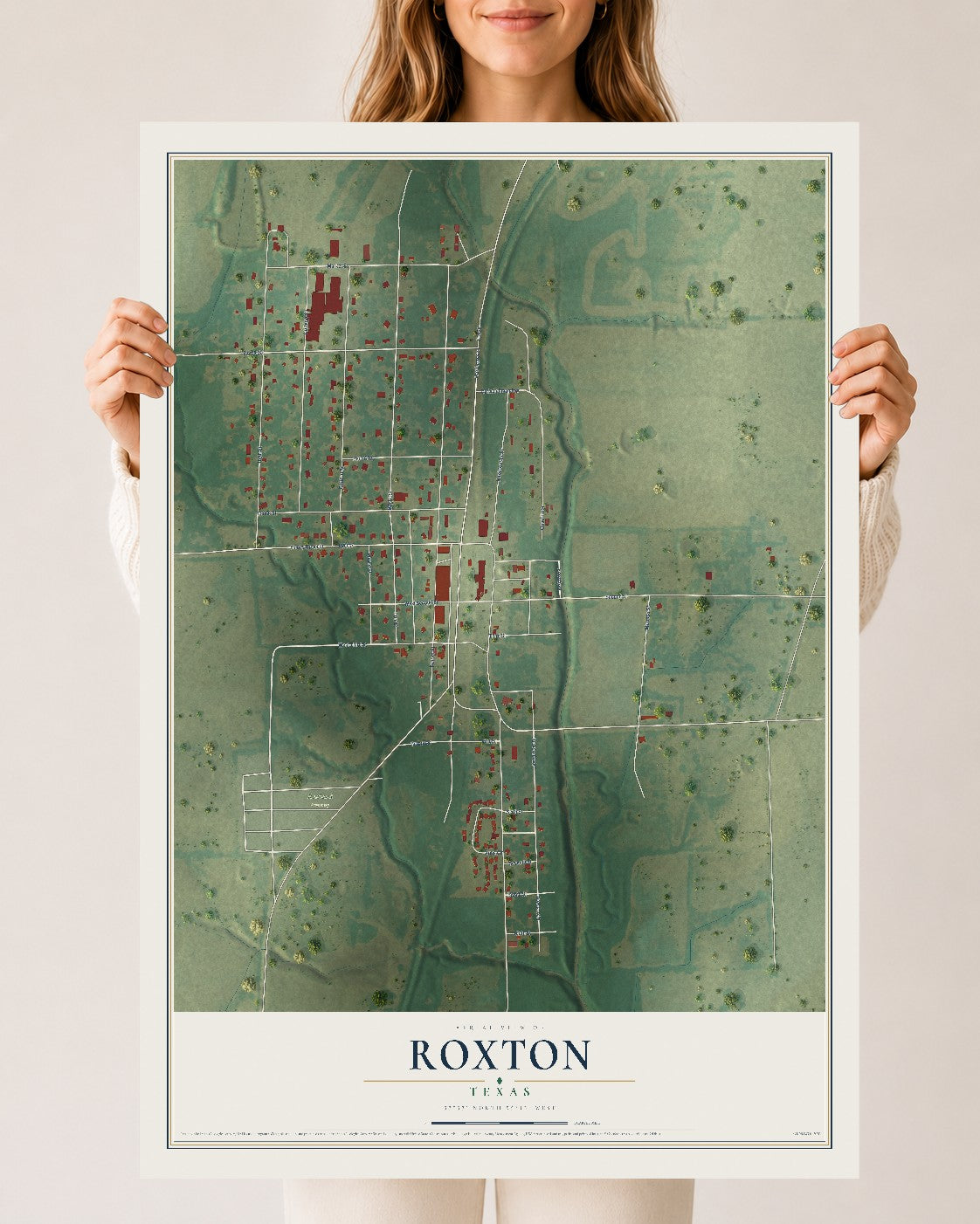 Map of Roxton, Texas, 24 x 36 inch unframed archival matte print