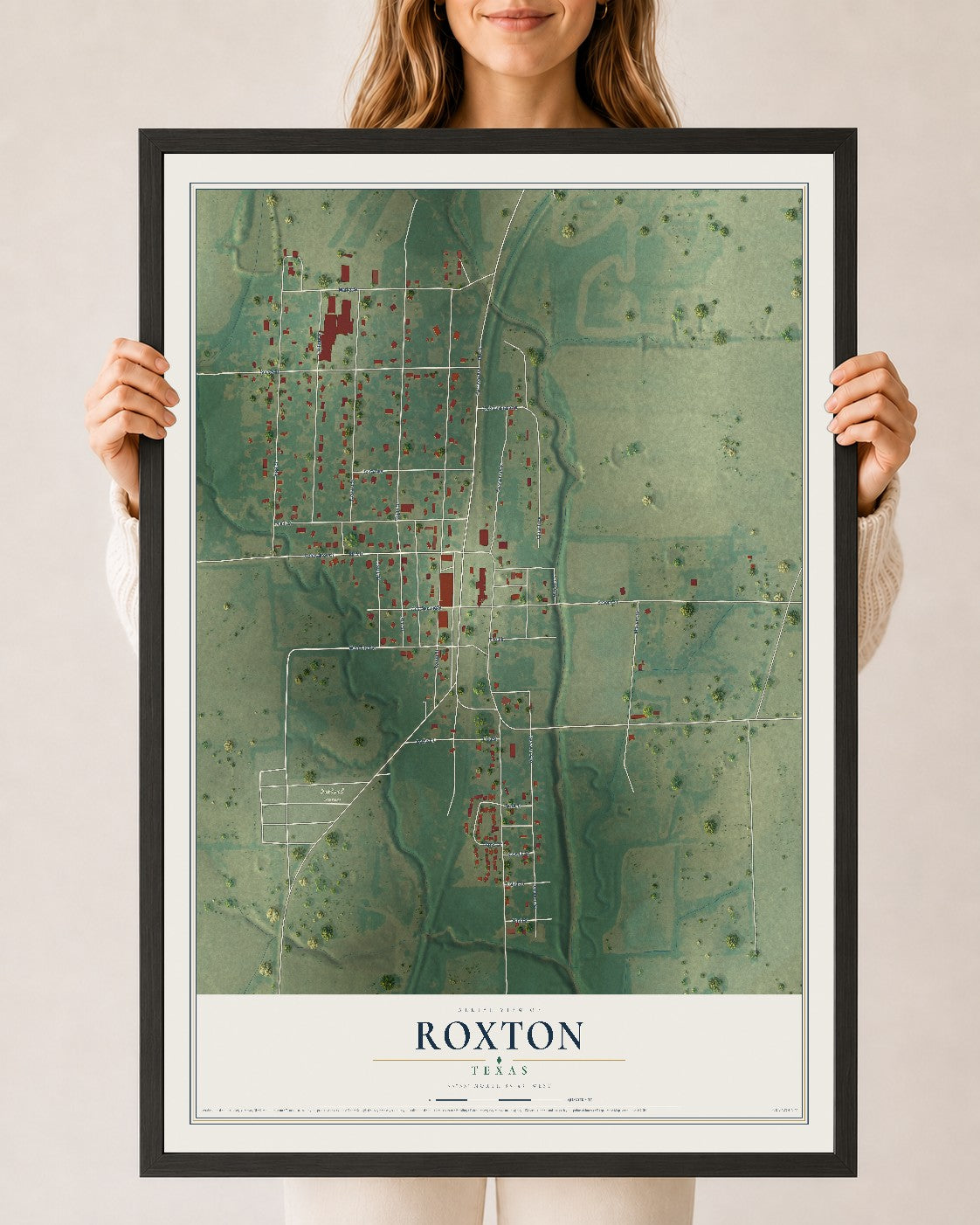 Map of Roxton, Texas, 24 x 36 inch print in a black wood frame