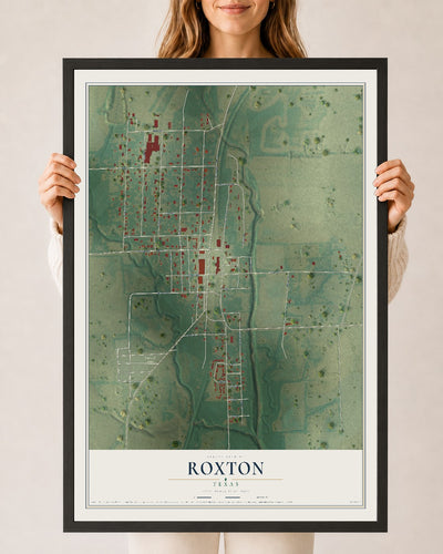 Map of Roxton, Texas, 24 x 36 inch print in a black wood frame