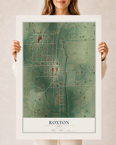 Map of Roxton, Texas, 24 x 36 inch print in a white wood frame