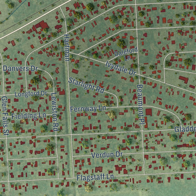 Close-up of the map of Royalwood, Texas print showing street and building detail
