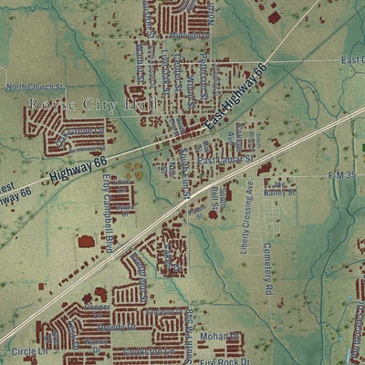 Close-up of the map of Royse City, Texas print showing street and building detail