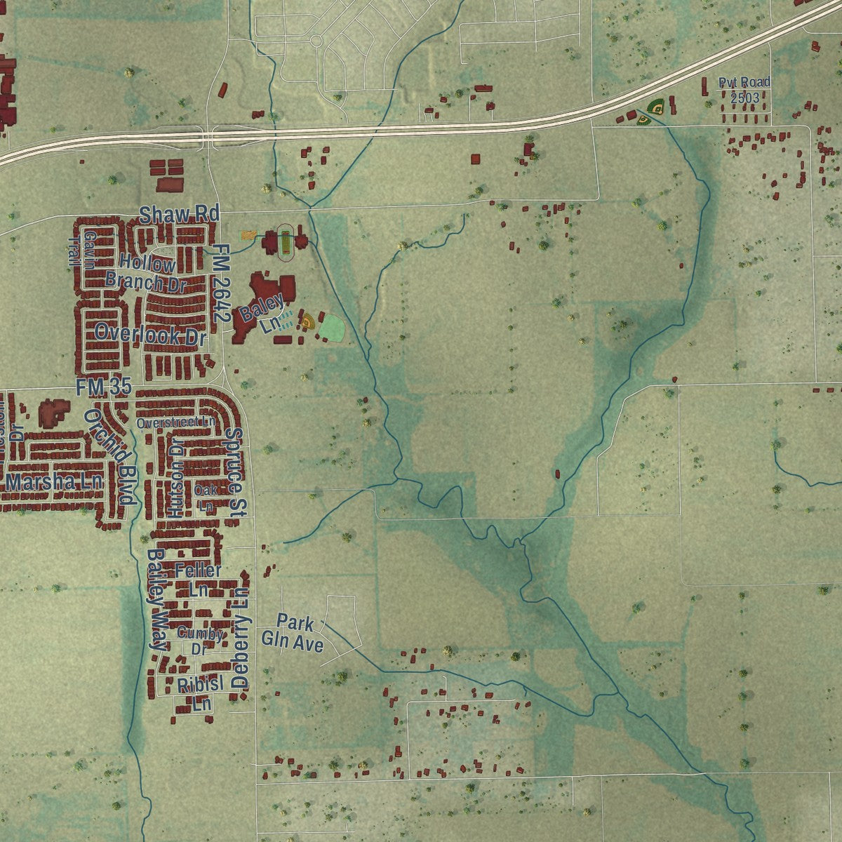 Second close-up of the map of Royse City, Texas print showing more streets and buildings