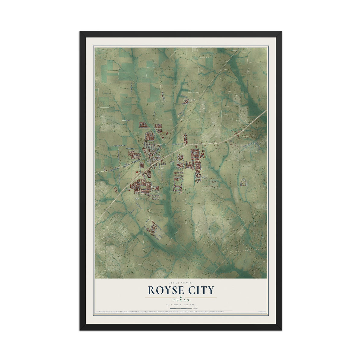 Map of Royse City, Texas, 12 x 18 inch print in a black wood frame