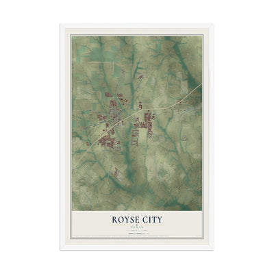 Map of Royse City, Texas, 12 x 18 inch print in a white wood frame