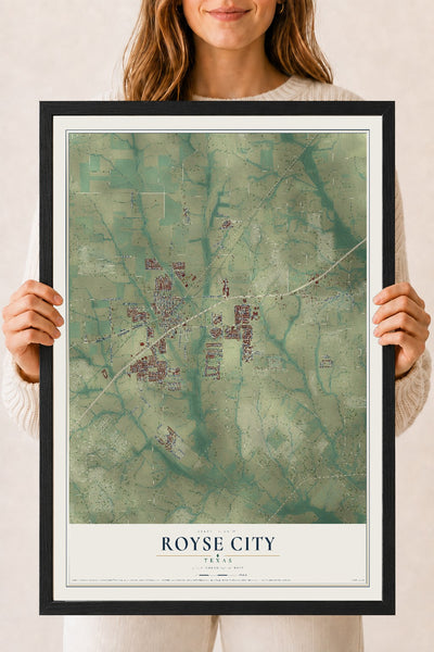 Map of Royse City, Texas, 18 x 24 inch print in a black wood frame