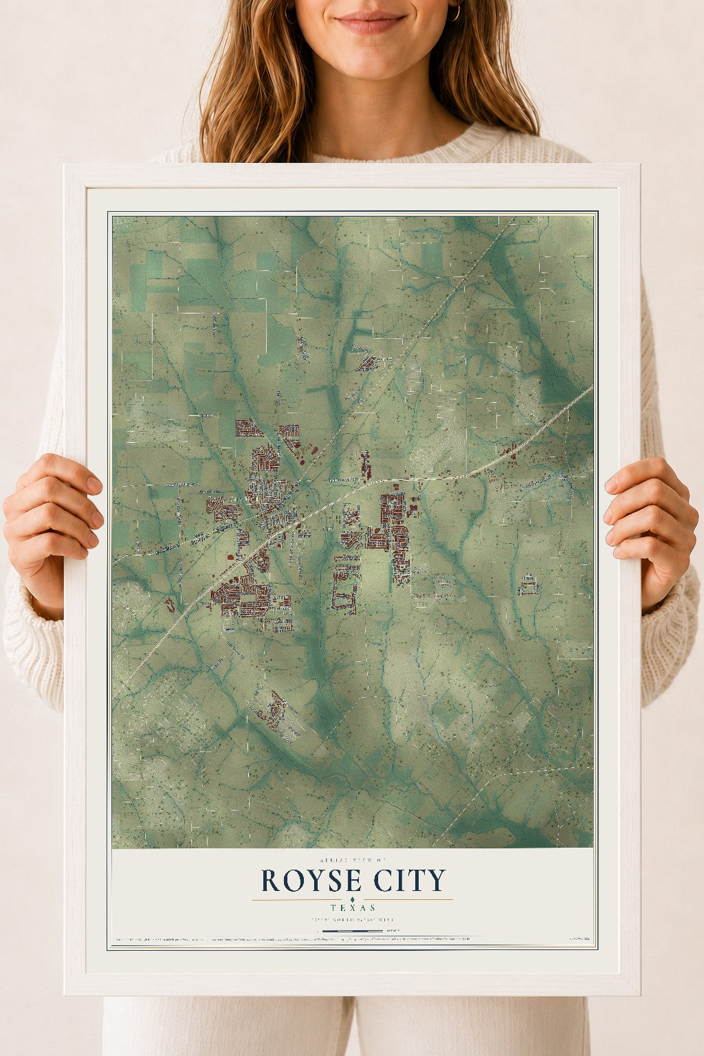Map of Royse City, Texas, 18 x 24 inch print in a white wood frame