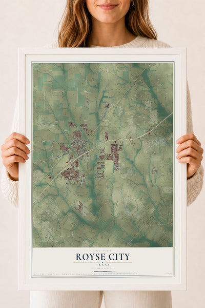 Map of Royse City, Texas, 18 x 24 inch print in a white wood frame