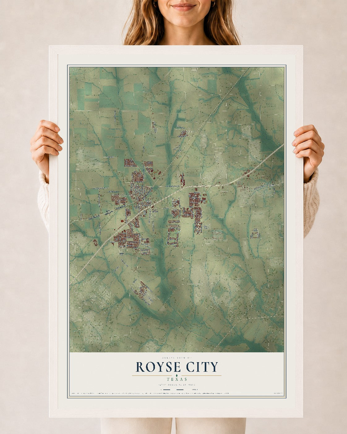 Map of Royse City, Texas, 24 x 36 inch print in a white wood frame