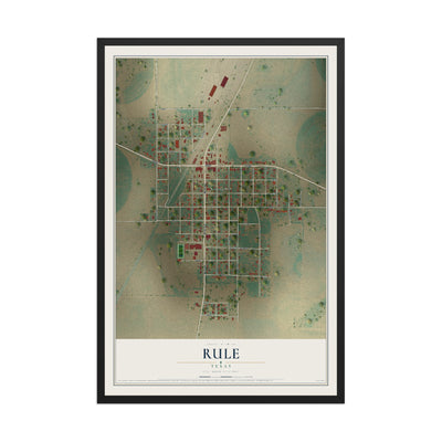 Map of Rule, Texas, 12 x 18 inch print in a black wood frame
