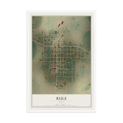 Map of Rule, Texas, 12 x 18 inch print in a white wood frame
