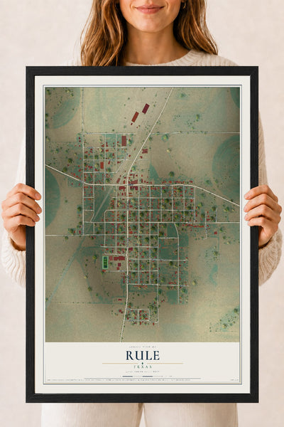 Map of Rule, Texas, 18 x 24 inch print in a black wood frame