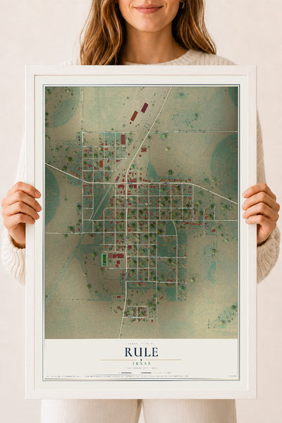 Map of Rule, Texas, 18 x 24 inch print in a white wood frame