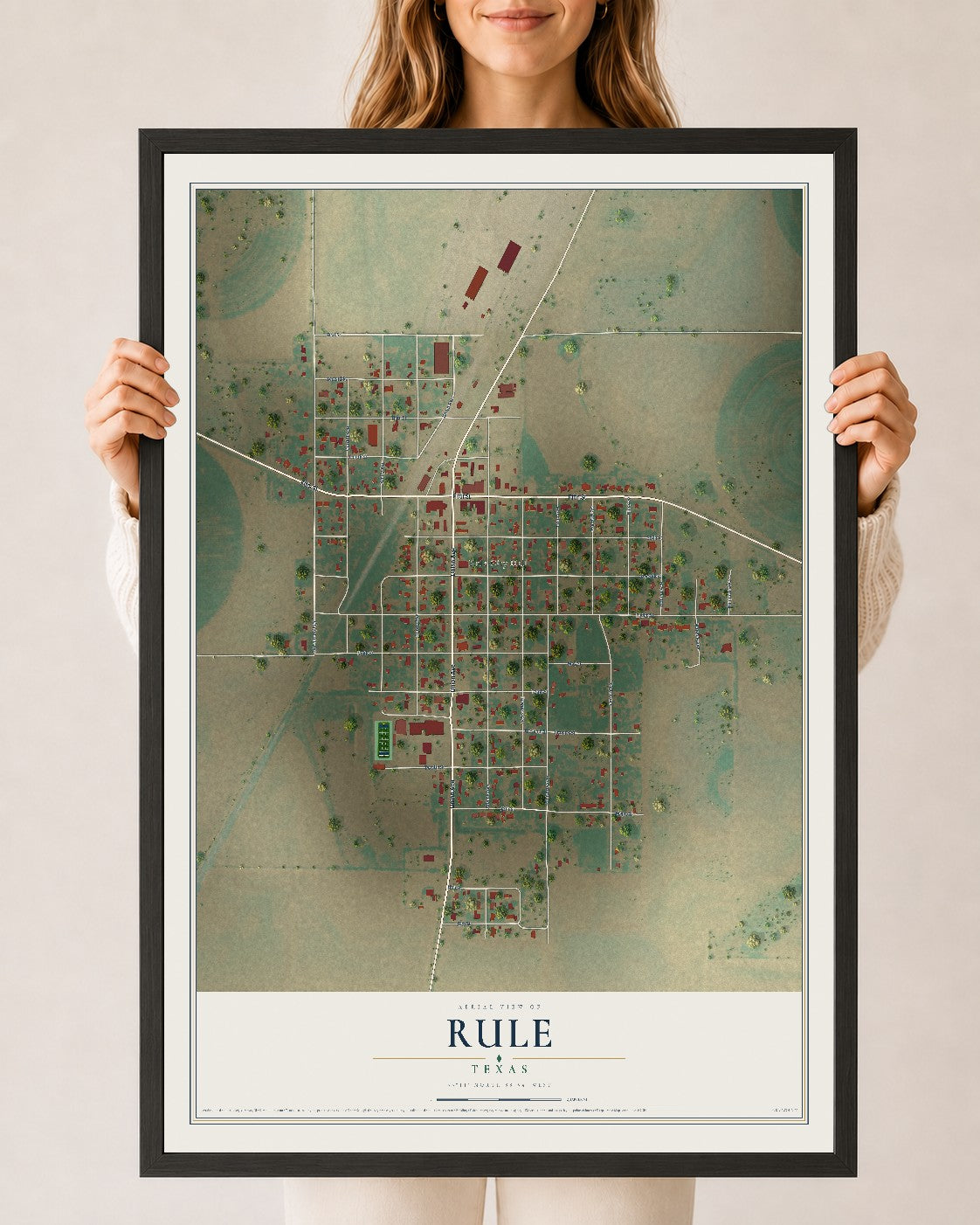 Map of Rule, Texas, 24 x 36 inch print in a black wood frame