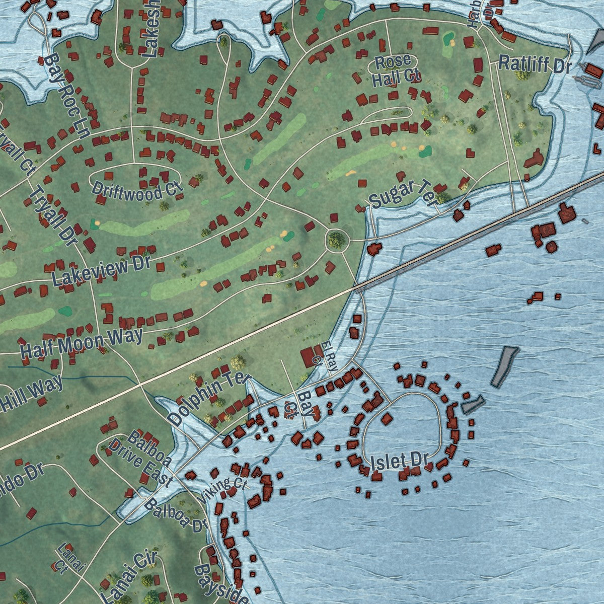 Close-up of the map of Runaway Bay, Texas print showing street and building detail
