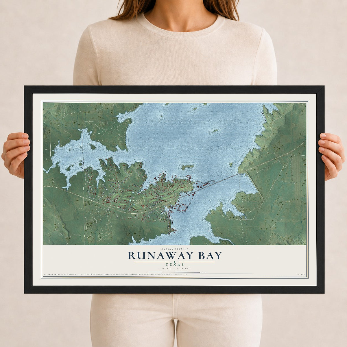 Map of Runaway Bay, Texas, 12 x 18 inch print in a black wood frame