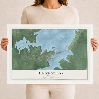 Map of Runaway Bay, Texas, 12 x 18 inch print in a white wood frame