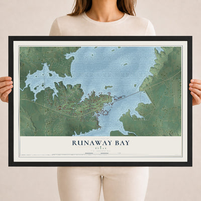 Map of Runaway Bay, Texas, 18 x 24 inch print in a black wood frame