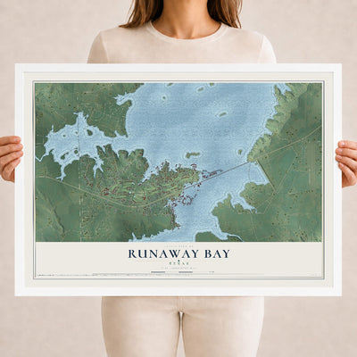 Map of Runaway Bay, Texas, 18 x 24 inch print in a white wood frame
