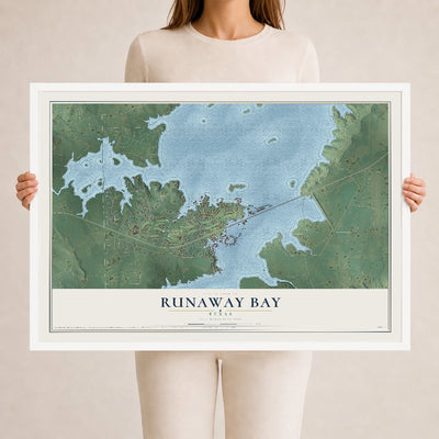 Map of Runaway Bay, Texas, 24 x 36 inch print in a white wood frame