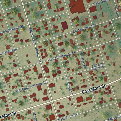 Close-up of the map of Runge, Texas print showing street and building detail