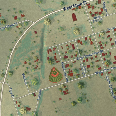 Second close-up of the map of Runge, Texas print showing more streets and buildings