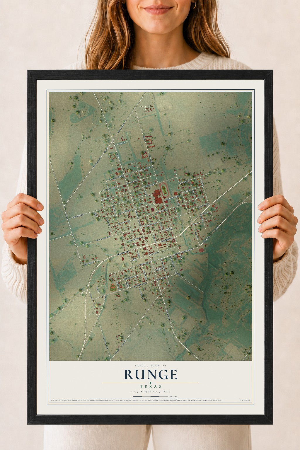 Map of Runge, Texas, 18 x 24 inch print in a black wood frame