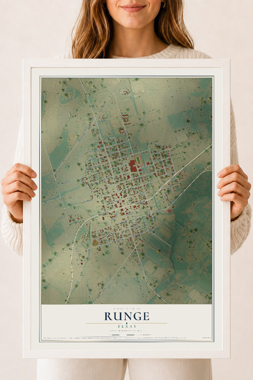Map of Runge, Texas, 18 x 24 inch print in a white wood frame