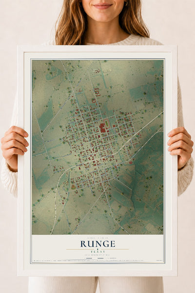Map of Runge, Texas, 18 x 24 inch print in a white wood frame