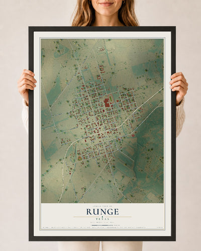 Map of Runge, Texas, 24 x 36 inch print in a black wood frame