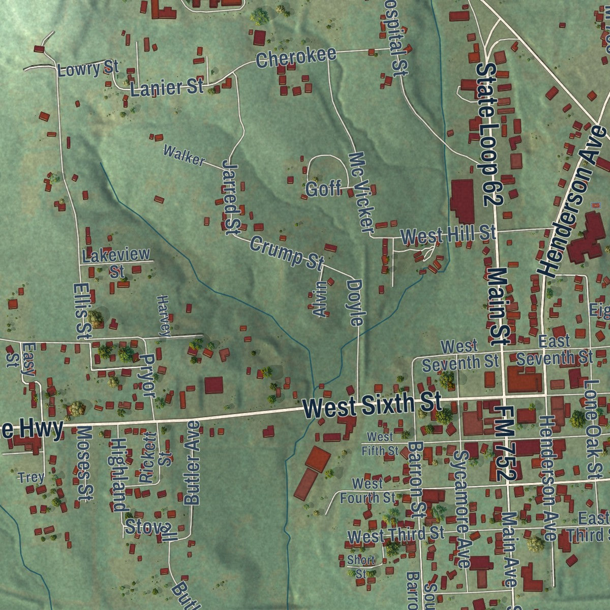 Close-up of the map of Rusk, Texas print showing street and building detail