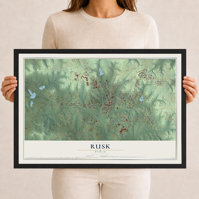 Map of Rusk, Texas, 12 x 18 inch print in a black wood frame