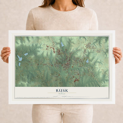 Map of Rusk, Texas, 12 x 18 inch print in a white wood frame