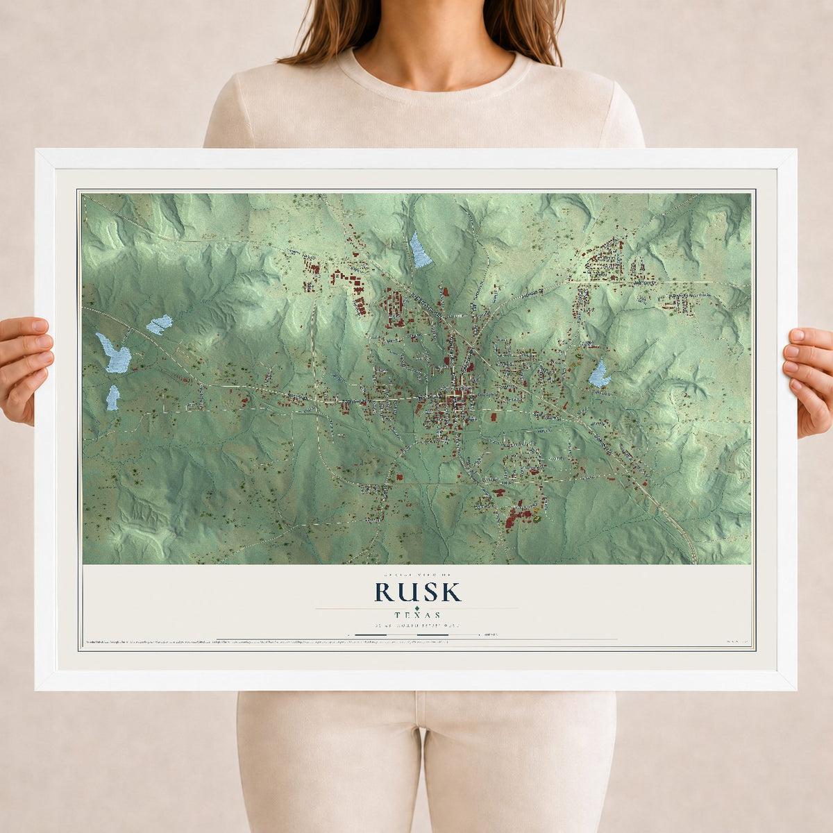 Map of Rusk, Texas, 18 x 24 inch print in a white wood frame