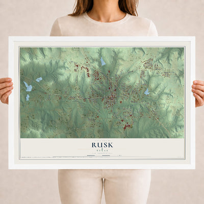 Map of Rusk, Texas, 18 x 24 inch print in a white wood frame