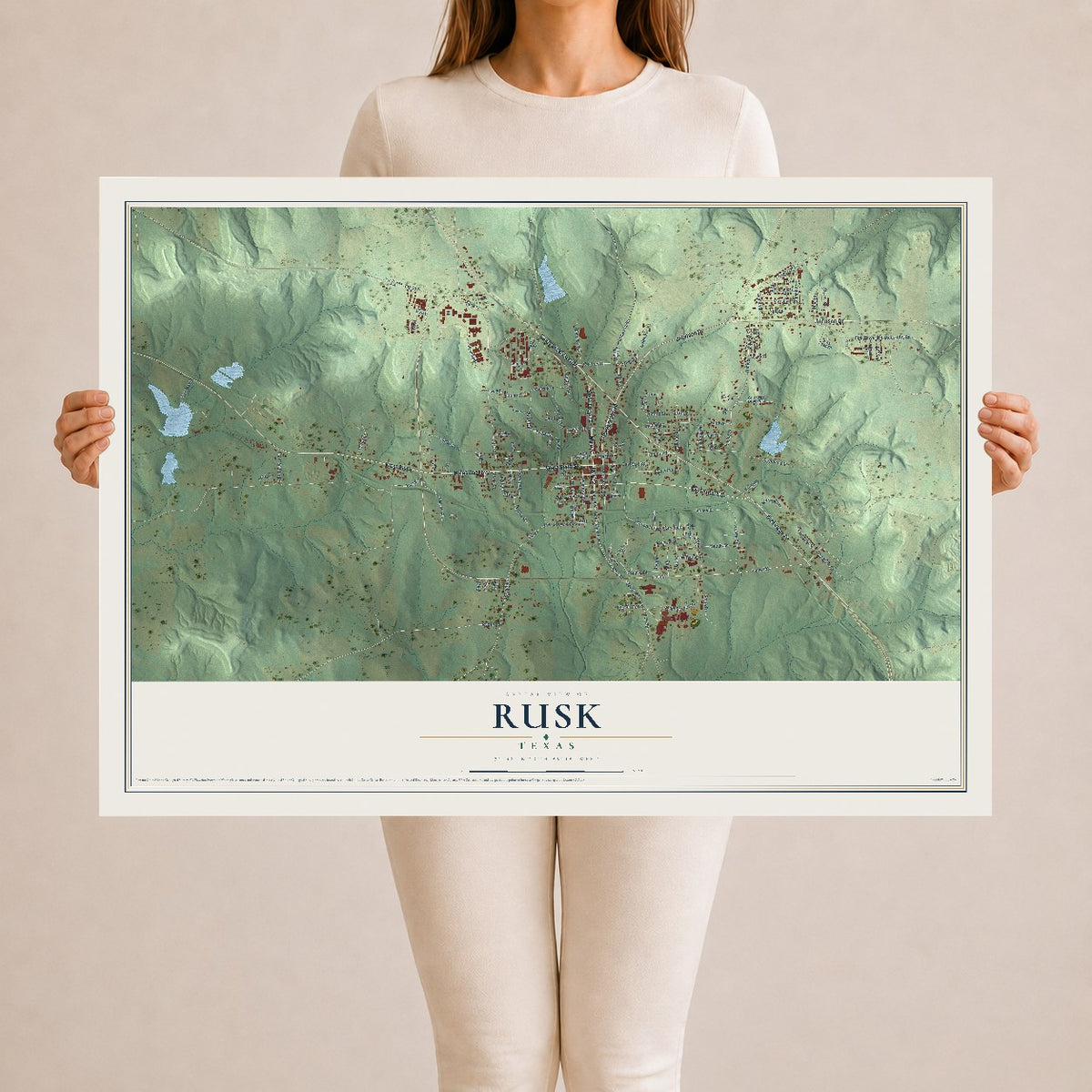 Map of Rusk, Texas, 24 x 36 inch unframed archival matte print