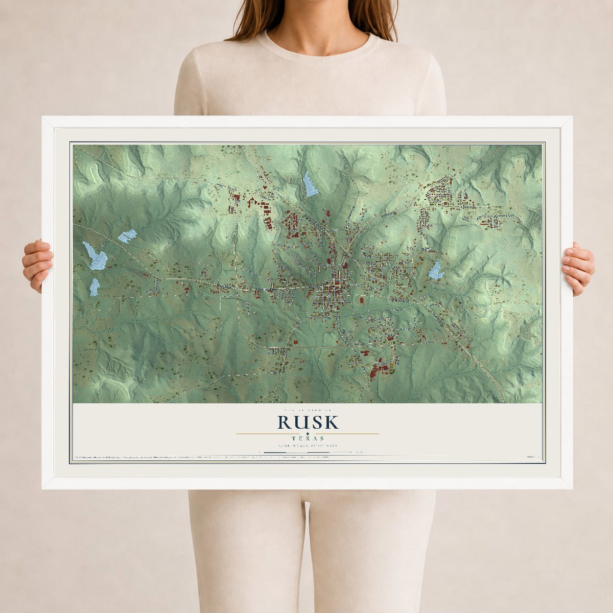 Map of Rusk, Texas, 24 x 36 inch print in a white wood frame