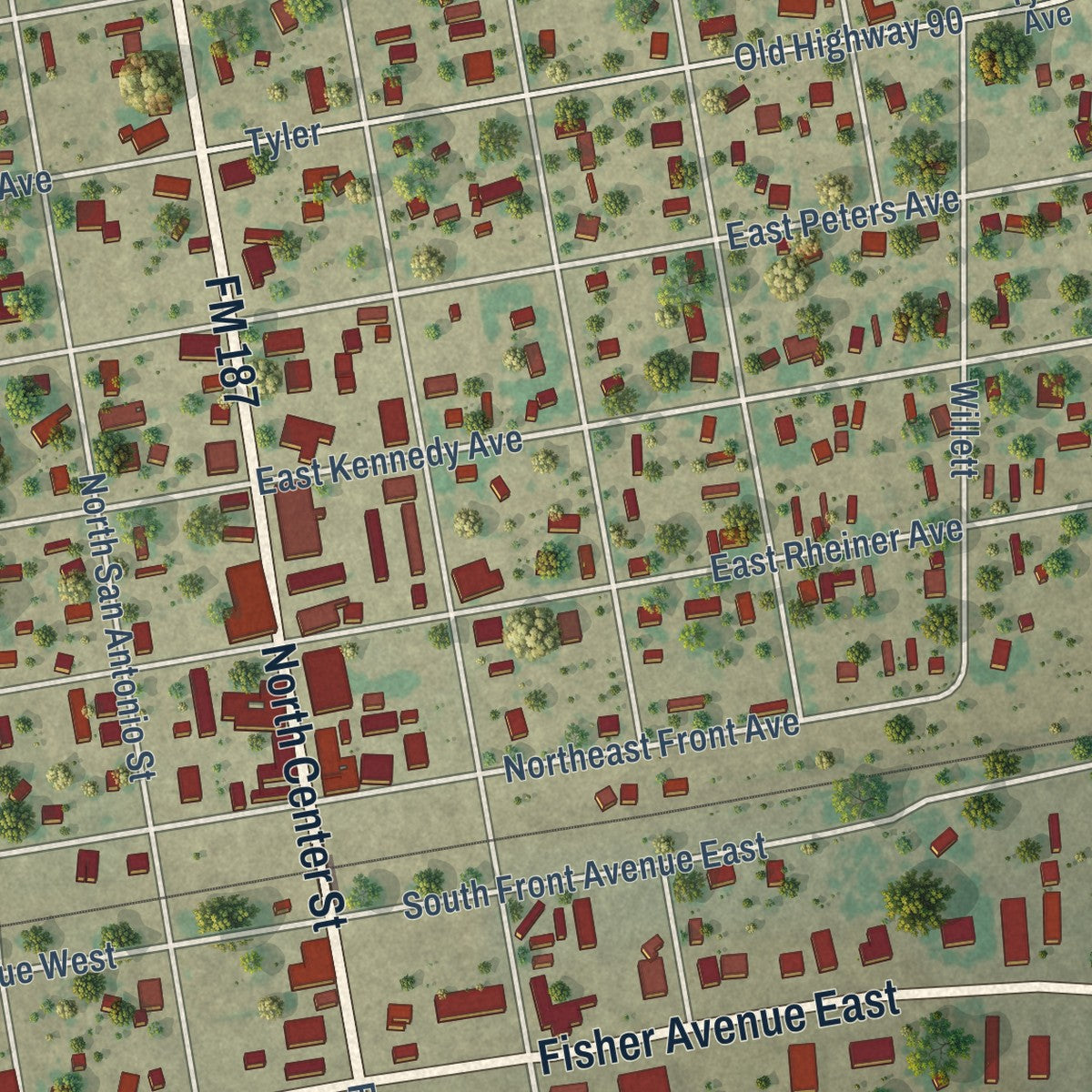 Close-up of the map of Sabinal, Texas print showing street and building detail