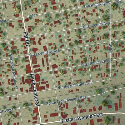 Close-up of the map of Sabinal, Texas print showing street and building detail
