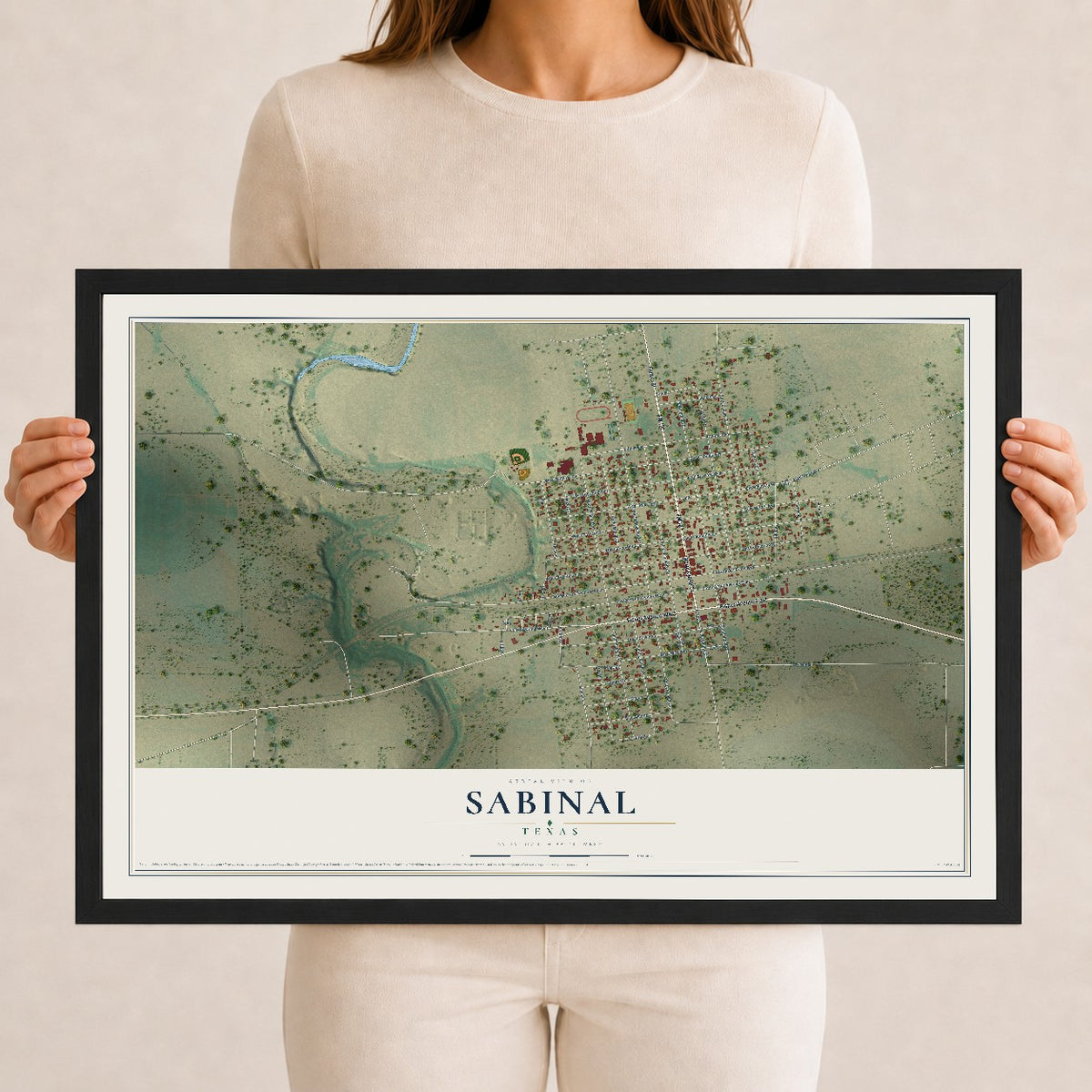 Map of Sabinal, Texas, 12 x 18 inch print in a black wood frame