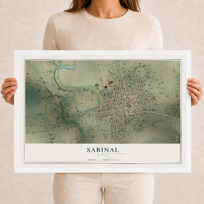 Map of Sabinal, Texas, 12 x 18 inch print in a white wood frame