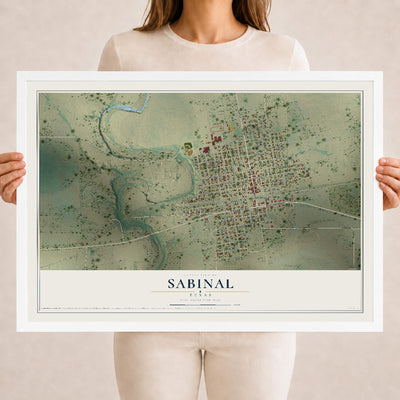 Map of Sabinal, Texas, 18 x 24 inch print in a white wood frame